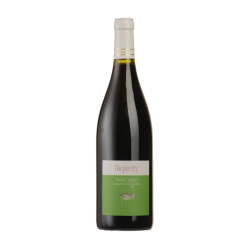 Vin rouge l'Arpenty Vieilles Vignes Appellation Chinon, étiquette verte avec ecrit blanc. Dessin d'un oiseau sur l'étiquette.